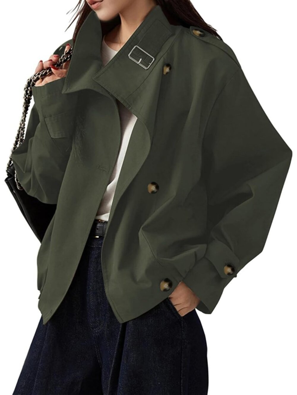 Women’s Army Green Funnel Neck Vintage Cropped Jacket Elastic Hem Trench Coat
